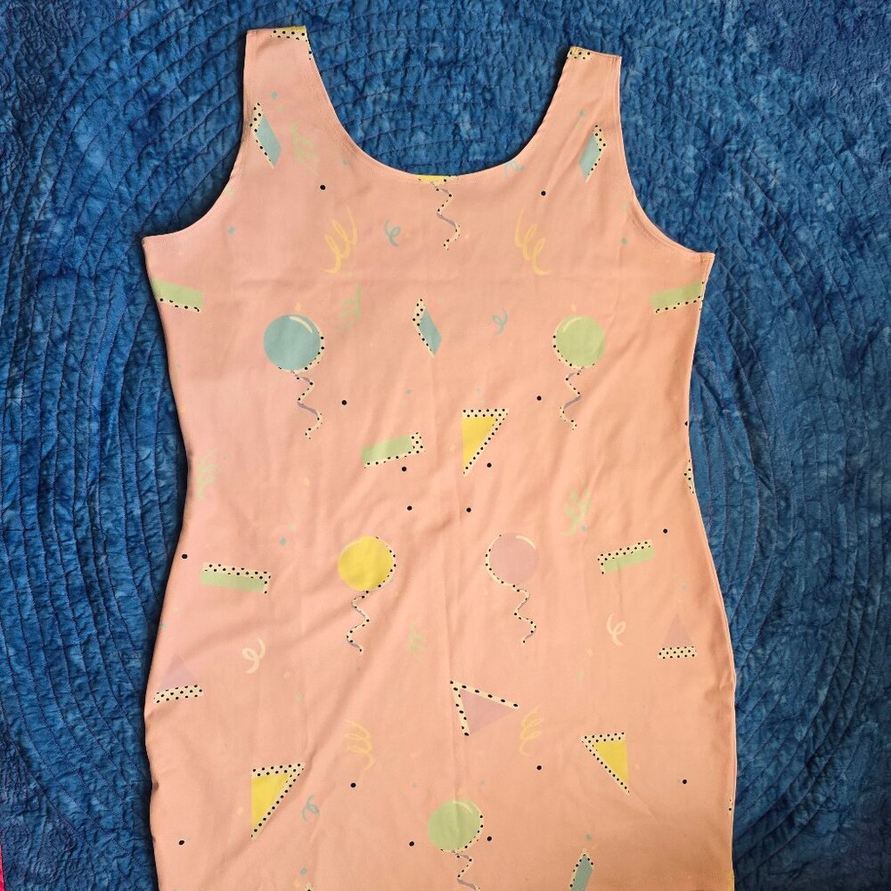 Retro Pink 90's Pattern Party Print Spandex Dress - 2XL Plus Size Mini Dress